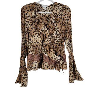 Allison Taylor Womens Leopard Y2K 2000s Crinkle Romantic Ruffle Wrap Blouse XL